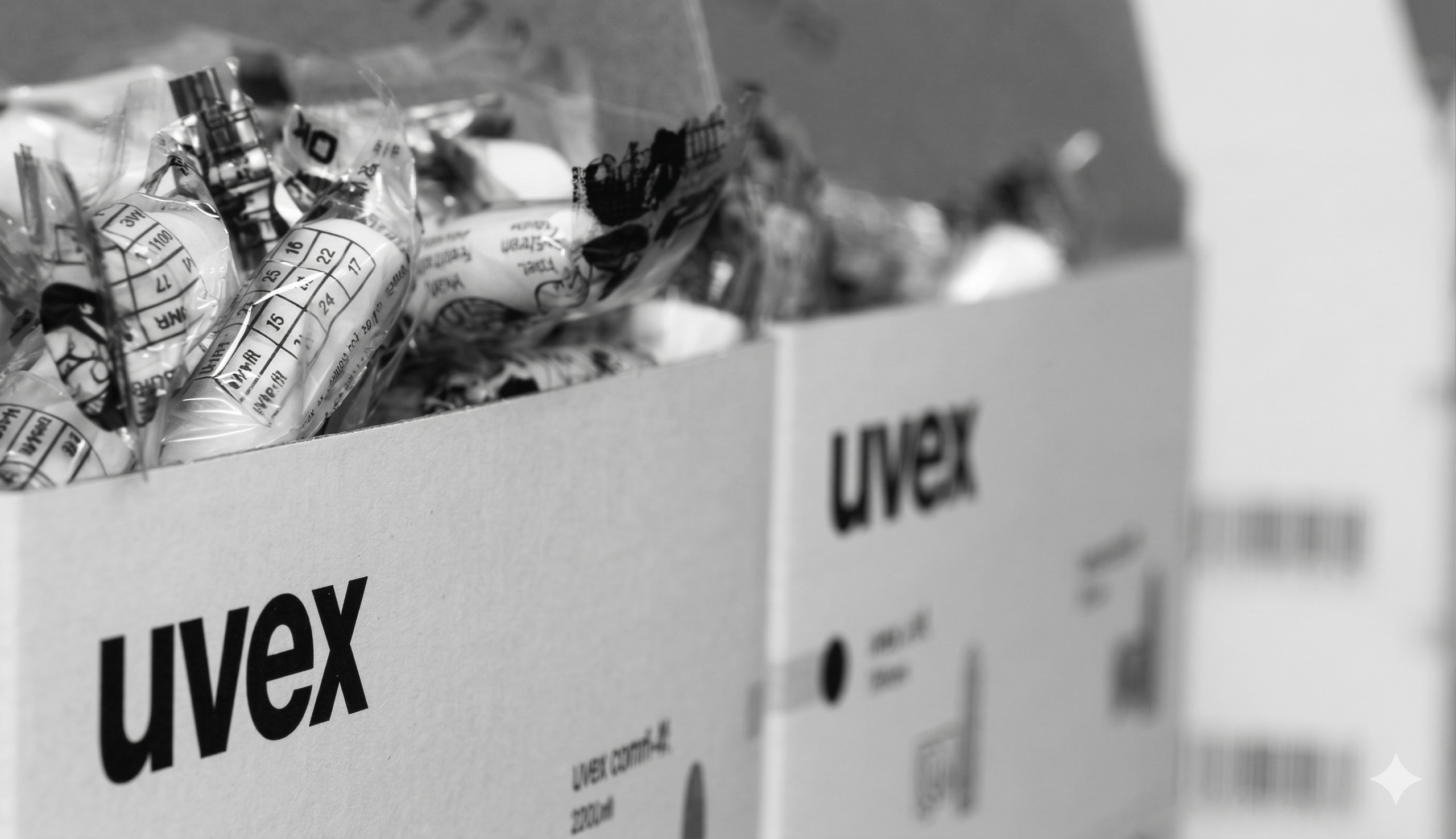 Lådor som det står Uvex på, innehållandes öronproppar.