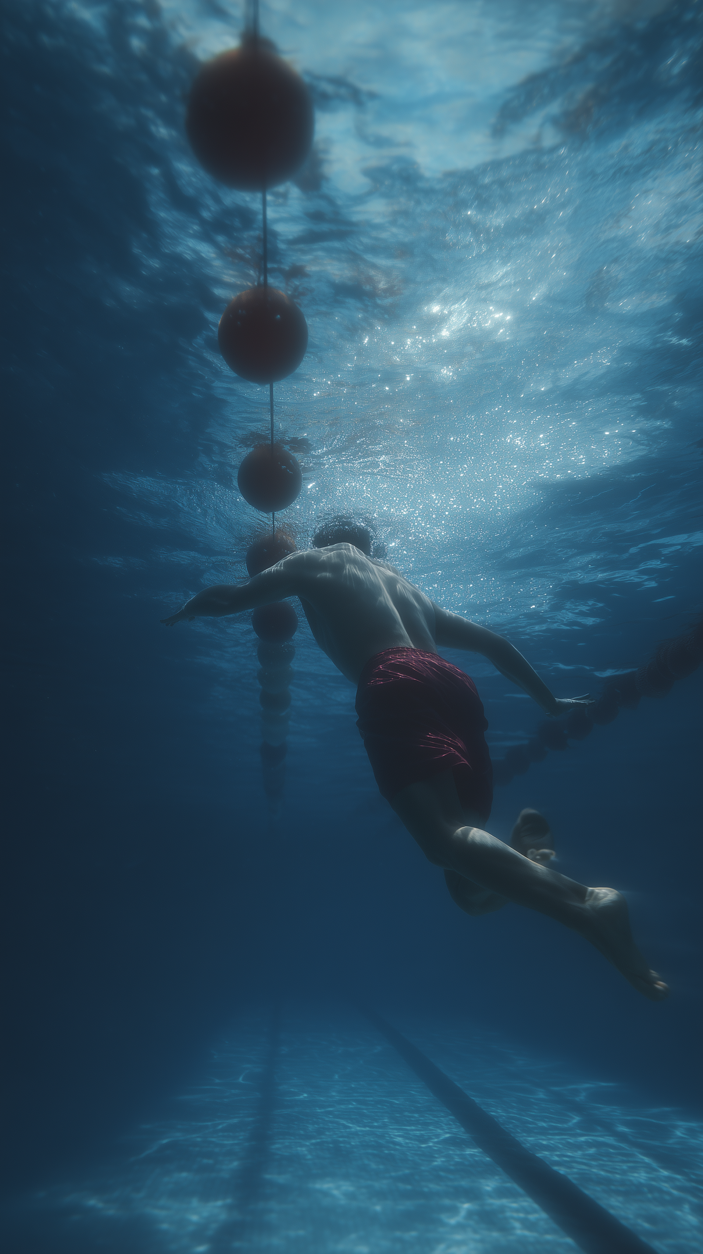 En man simmar under vattenytan.