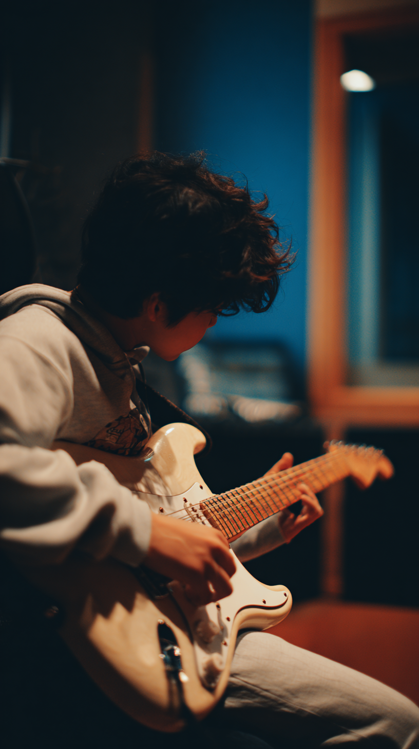 En pojke spelar elgitarr.